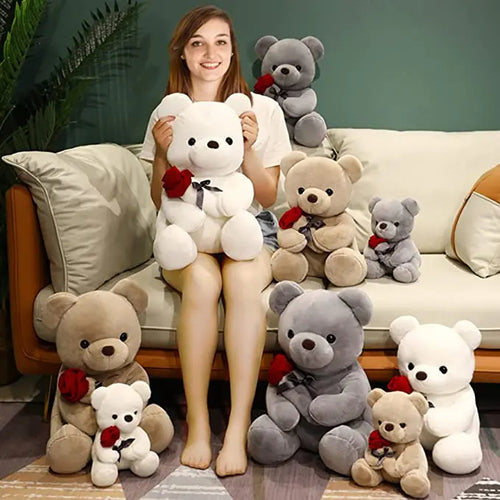 Rose Hugging Teddy Bear Plush Pillow – Soft Stuffed Bear Gift for Girlfriend & Valentine's Day