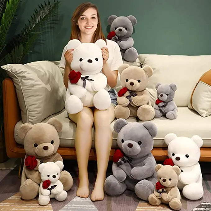 Rose Hugging Teddy Bear Plush Pillow – Soft Stuffed Bear Gift for Girlfriend & Valentine's Day